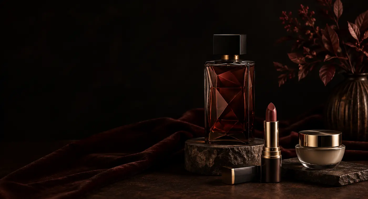 Composição editorial de perfume e flores em tons bordô